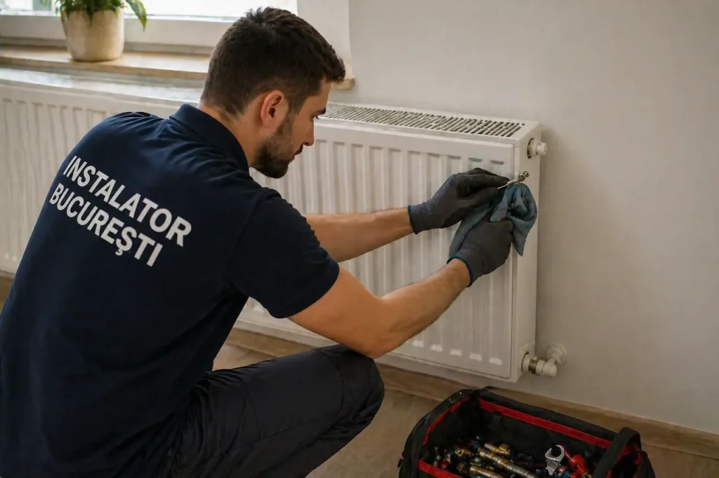 Instalator care repară instalații sanitare într-un apartament din Sector 2 București